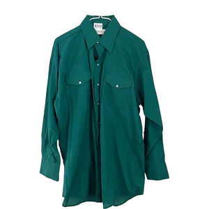 Vtg Sheplers Mens Green Dress Shirt 16 33 Long Sleeve Pearl Snap Western Cowboy